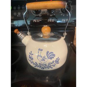Vintage Enamel Whistling Teapot Pennsylvania Dutch Rooster Design